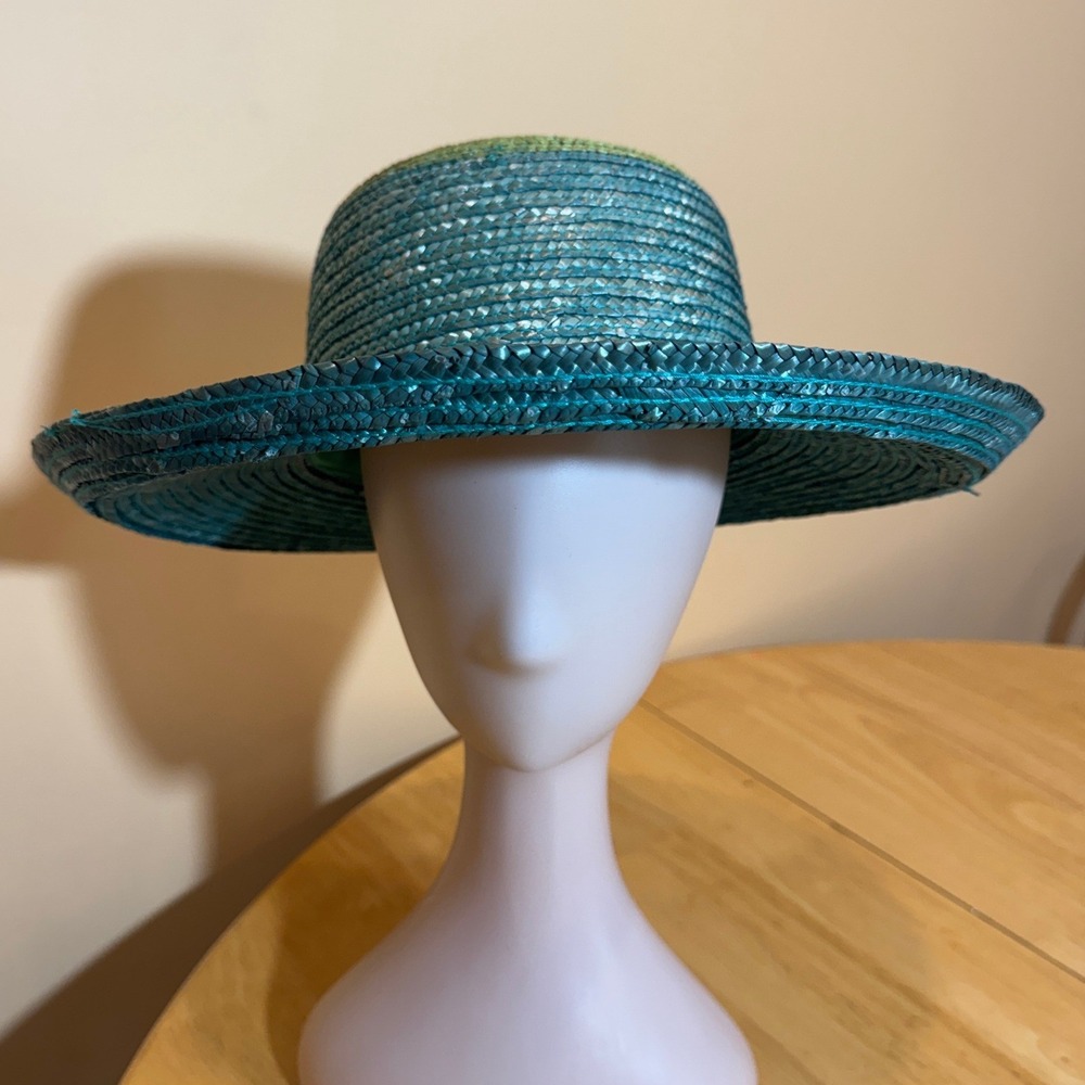 Vintage Two Tone Teal and Green Woven Straw Wide Brim Sun Hat Boater